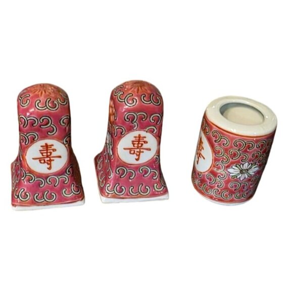 3 pc Vintage Asian Ceramic Salt & Pepper Shakers Toothpick Holder Pink Floral - Picture 3 of 11